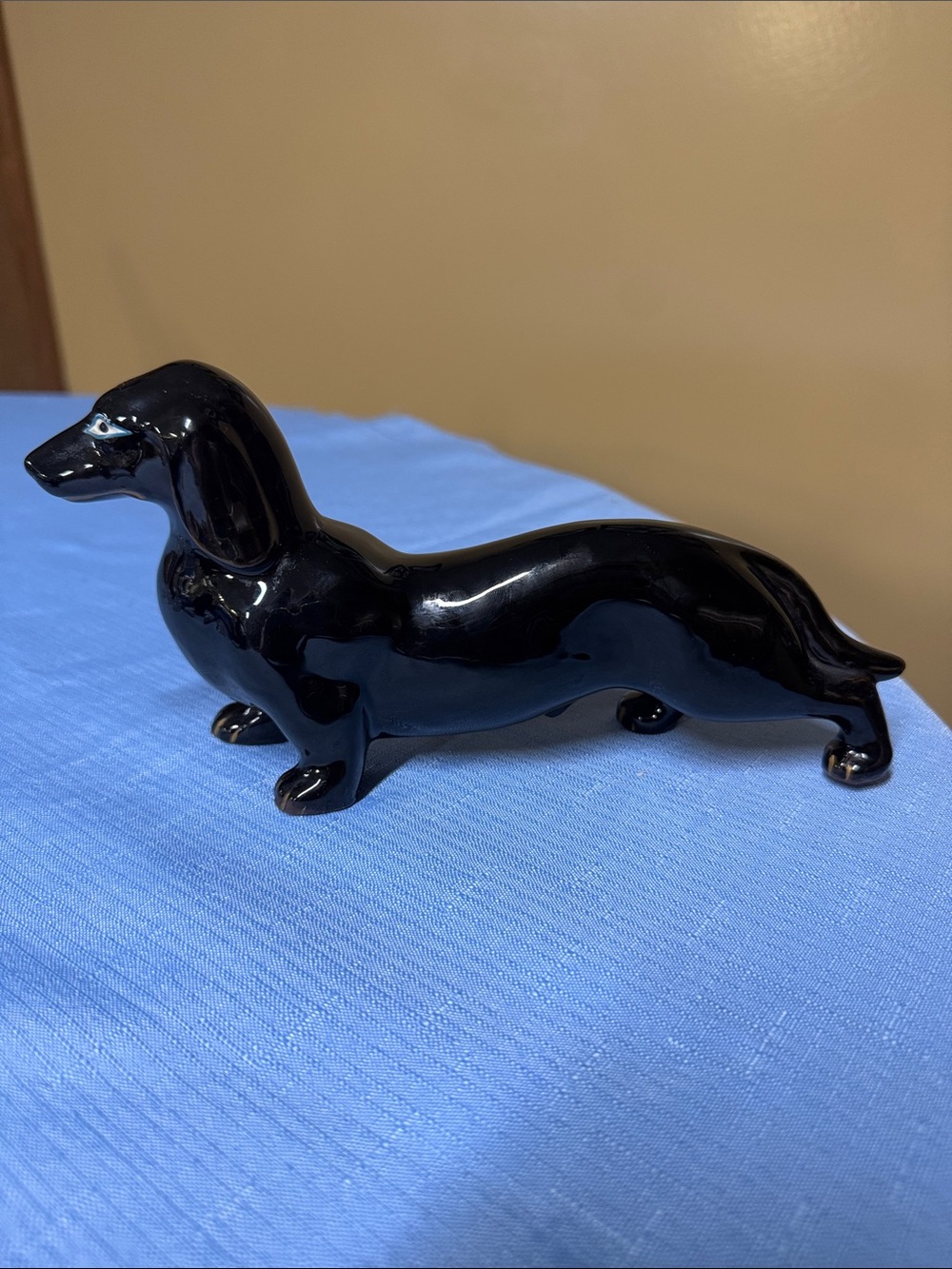 Dachshund Dog Figurine Red Clay Black Glossy Ceramic Blue Eyes 9” long